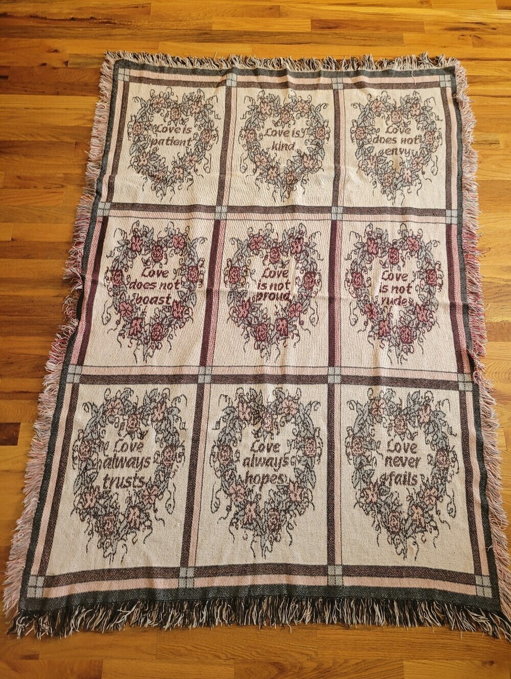 Vintage Home Interior Woven Love Is Throw Blanket Floral Heart Panels